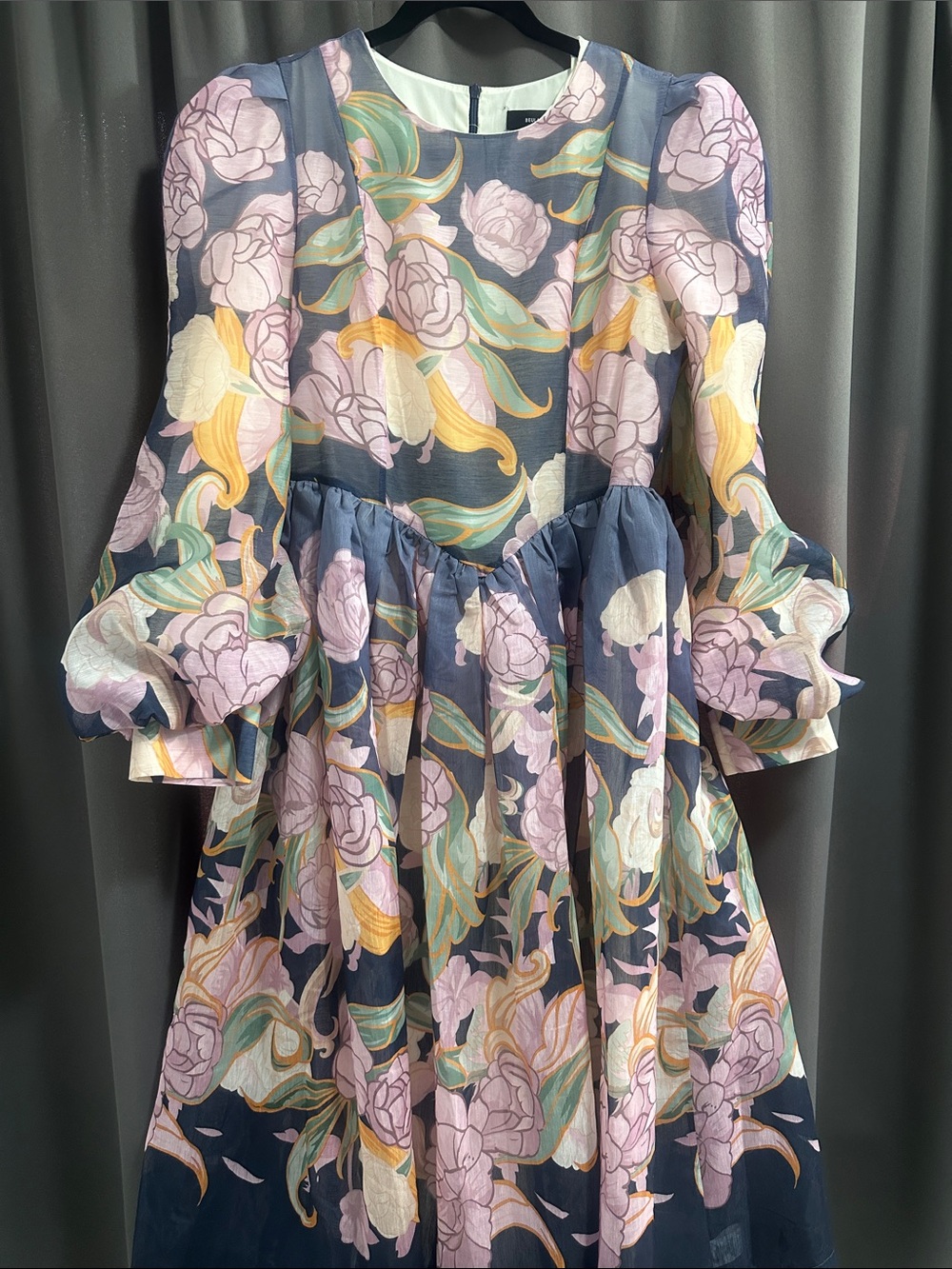 Floral Puff-Sleeve Dress in Navy and Pastel